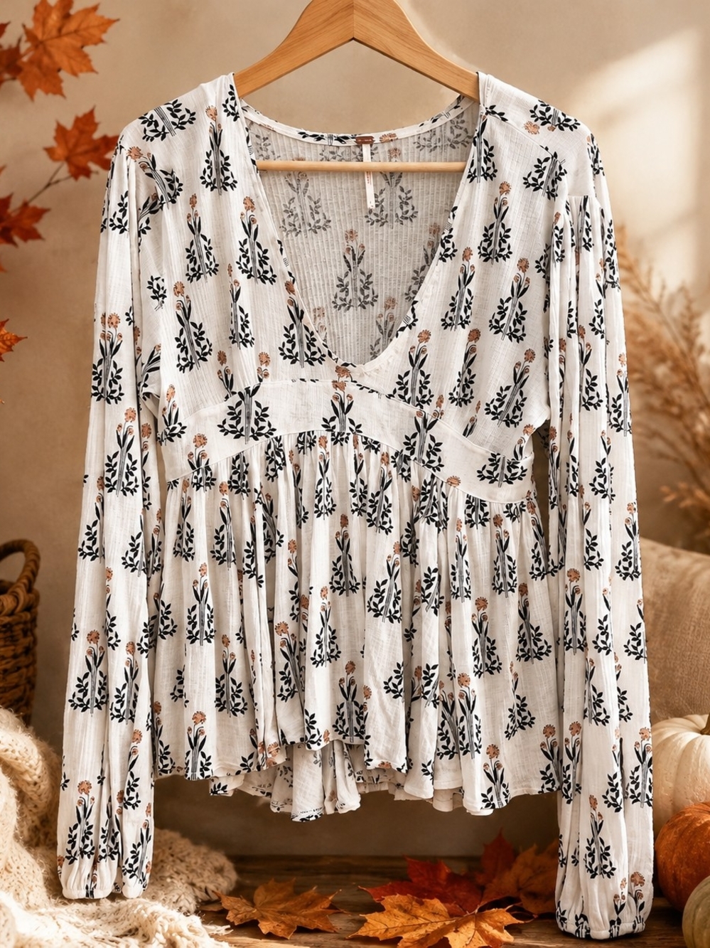 Free People Cream Floral V-Neck Long Sleeve Peasant Top